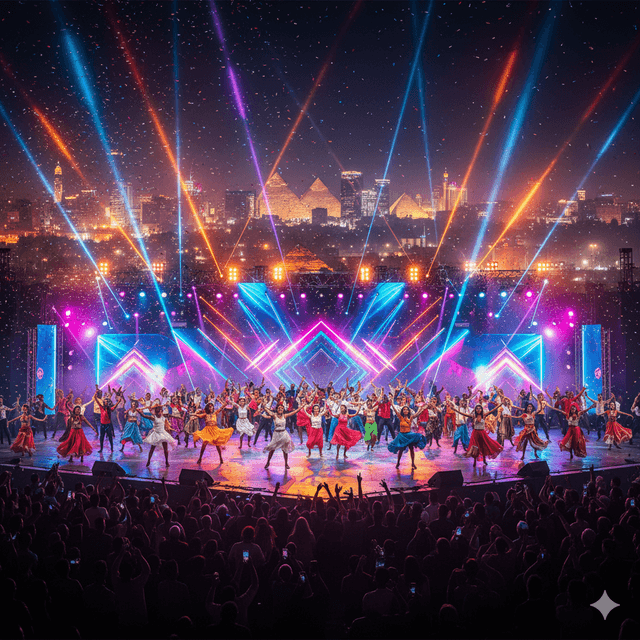 Hawssa Dance Event - Energetic dance scene with cityscape and laser lights